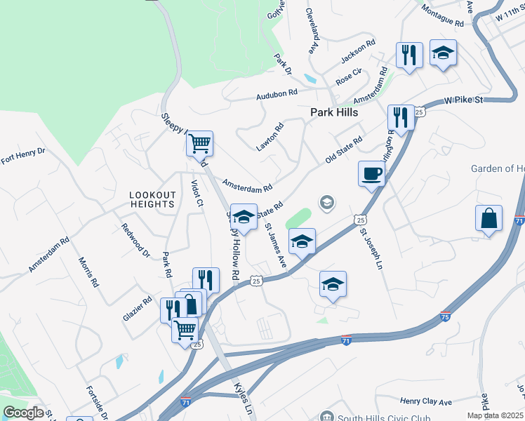 map of restaurants, bars, coffee shops, grocery stores, and more near 1412 Old State Road in Park Hills