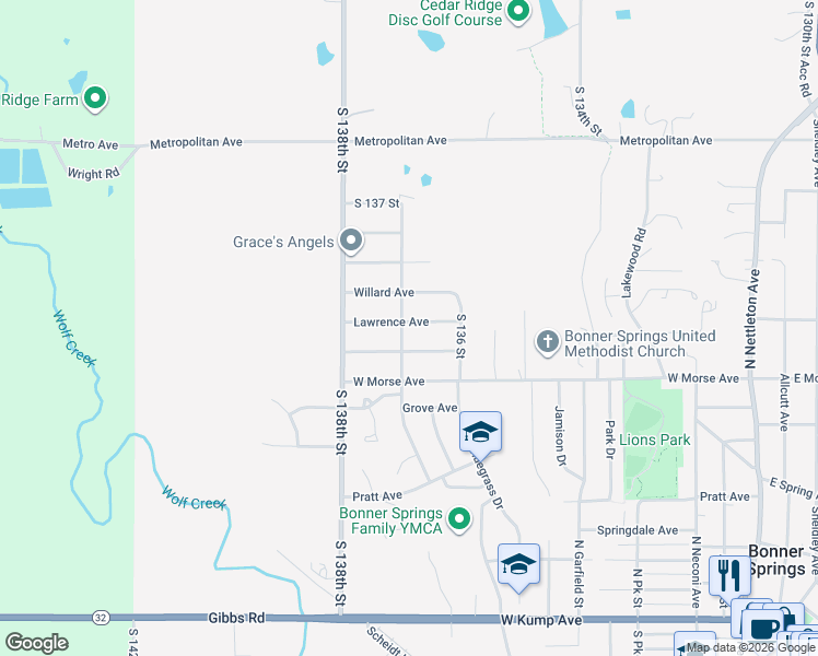 map of restaurants, bars, coffee shops, grocery stores, and more near 13615 Willard Avenue in Bonner Springs