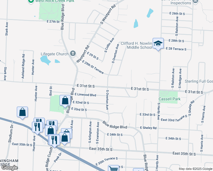 map of restaurants, bars, coffee shops, grocery stores, and more near 9714 East 31st Street South in Independence