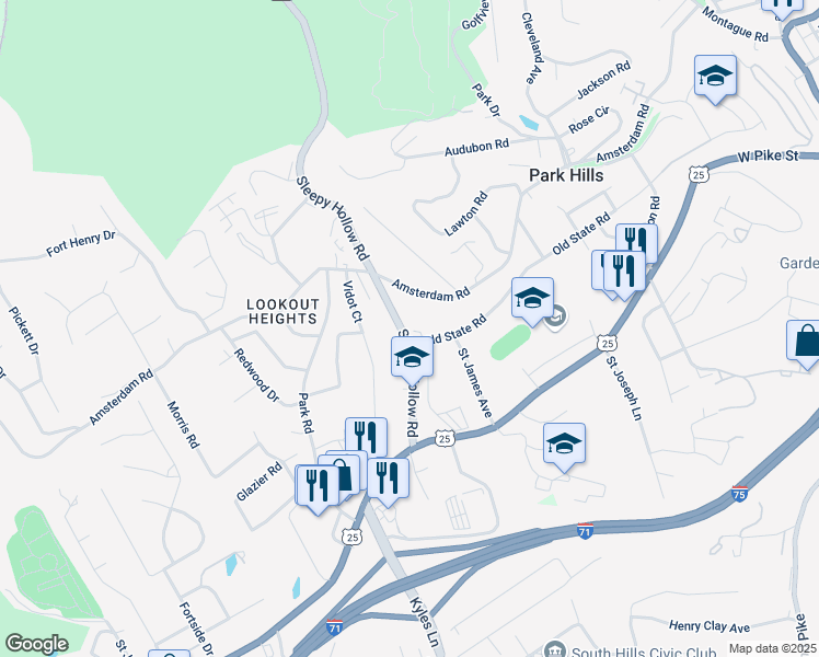 map of restaurants, bars, coffee shops, grocery stores, and more near 1423 Amsterdam Road in Park Hills