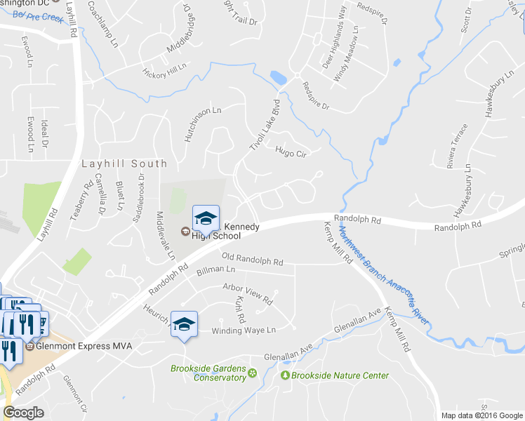 map of restaurants, bars, coffee shops, grocery stores, and more near 1612 Ingram Terrace in Silver Spring