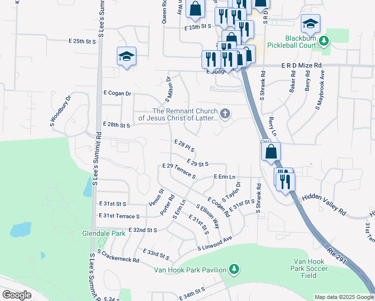 map of restaurants, bars, coffee shops, grocery stores, and more near 16609 East 28th Place in Independence