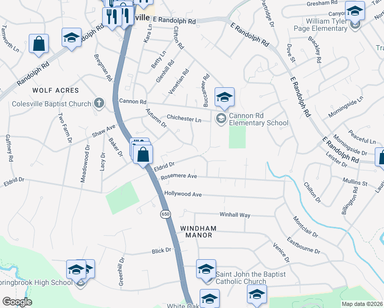 map of restaurants, bars, coffee shops, grocery stores, and more near 12217 Cedar Hill Drive in Silver Spring