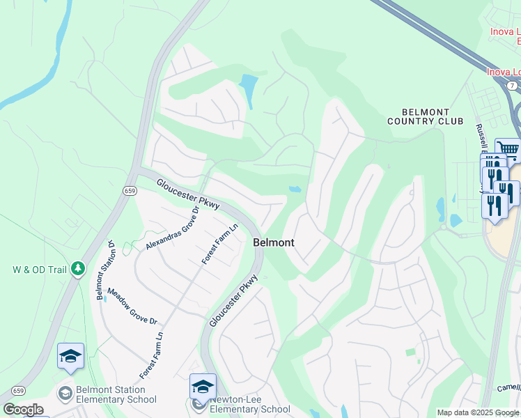 map of restaurants, bars, coffee shops, grocery stores, and more near 43371 La Belle Place in Ashburn