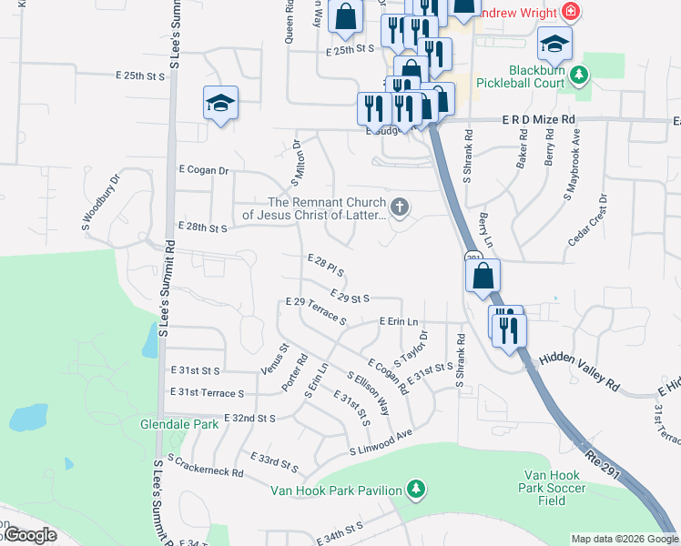 map of restaurants, bars, coffee shops, grocery stores, and more near 2764 South Coachman Drive in Independence
