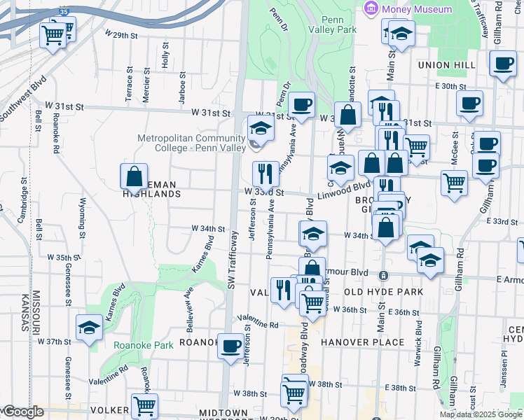 map of restaurants, bars, coffee shops, grocery stores, and more near 609 West 33rd Street in Kansas City