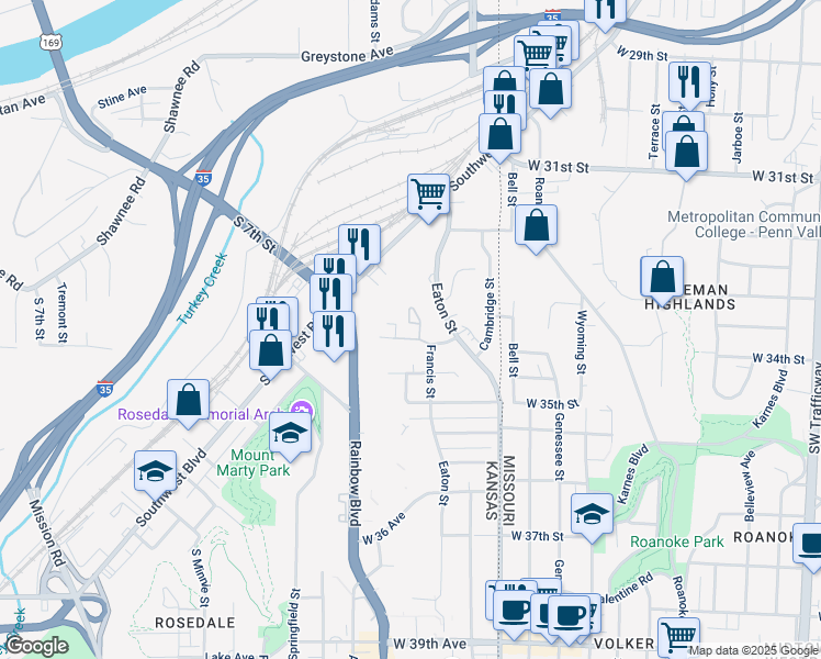 map of restaurants, bars, coffee shops, grocery stores, and more near 3028 Francis Street in Kansas City