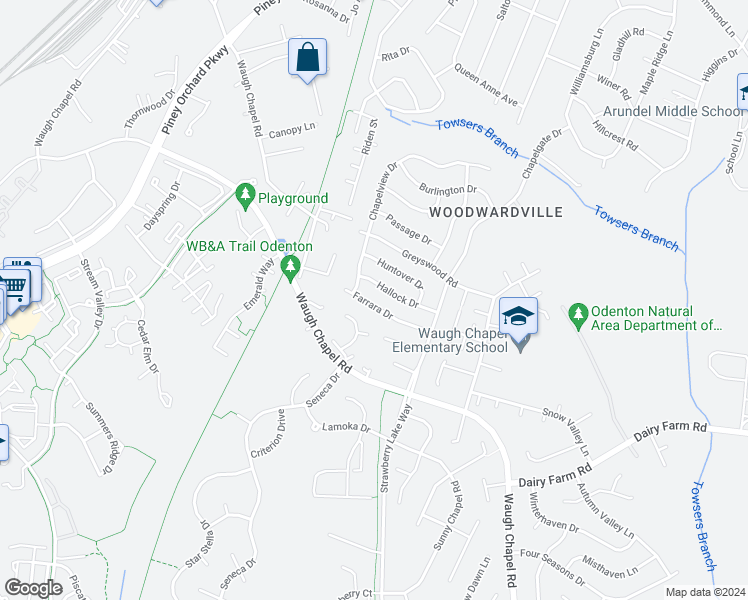 map of restaurants, bars, coffee shops, grocery stores, and more near 1330 Farrara Drive in Odenton