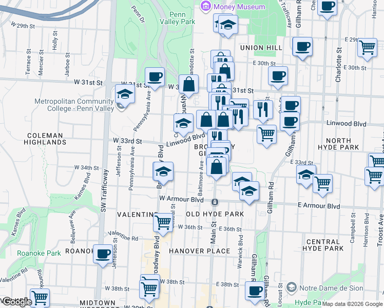 map of restaurants, bars, coffee shops, grocery stores, and more near 101 Linwood Boulevard in Kansas City