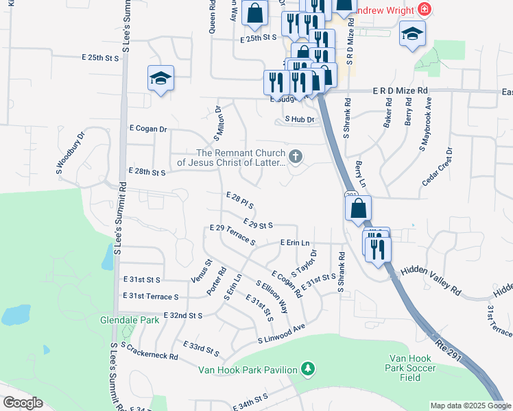 map of restaurants, bars, coffee shops, grocery stores, and more near 16704 East 28th Place in Independence