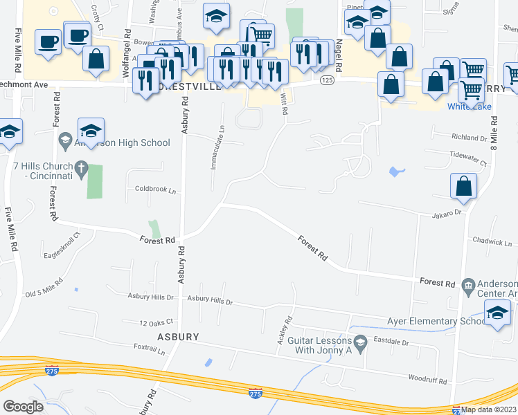 map of restaurants, bars, coffee shops, grocery stores, and more near 7922 Forest Road in Cincinnati