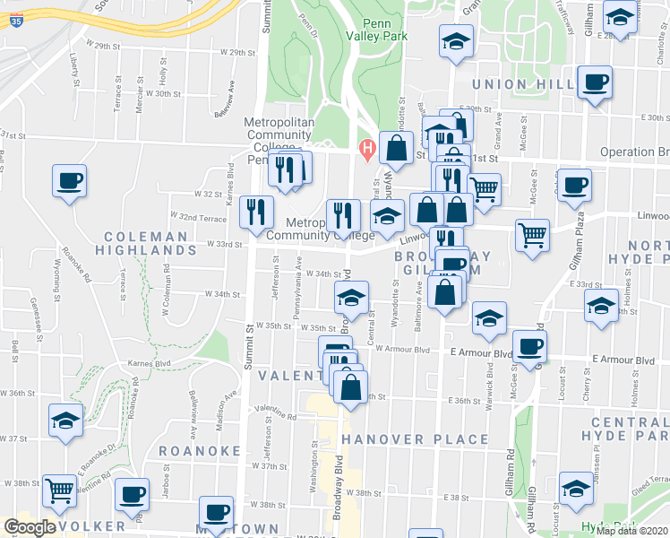 map of restaurants, bars, coffee shops, grocery stores, and more near 422 West 33rd Street in Kansas City