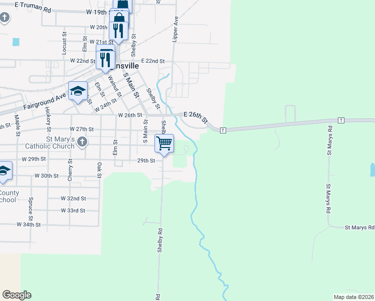 map of restaurants, bars, coffee shops, grocery stores, and more near 2839 Shelby Street in Higginsville