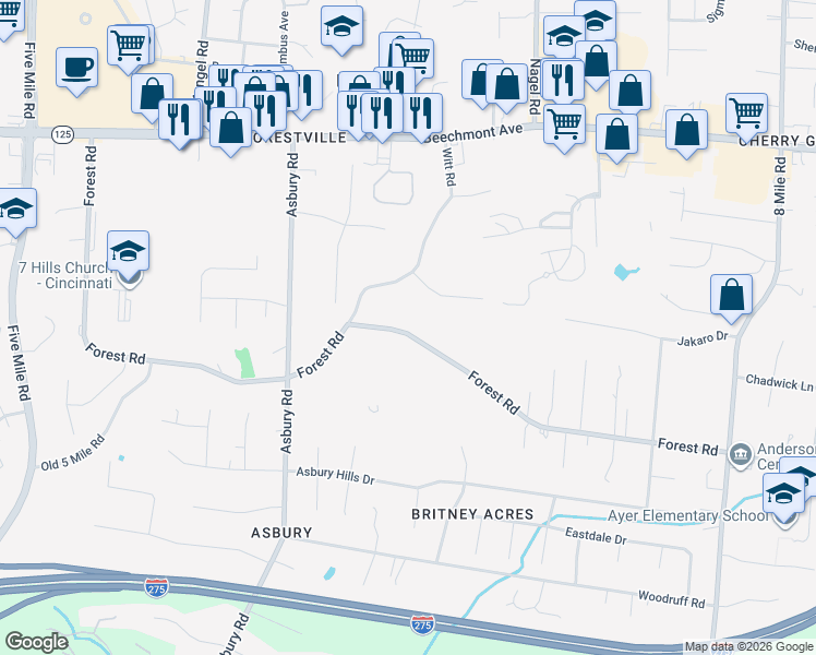 map of restaurants, bars, coffee shops, grocery stores, and more near 7906 Forest Road in Cincinnati