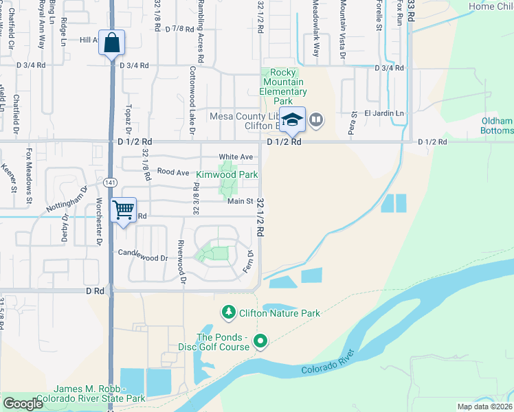 map of restaurants, bars, coffee shops, grocery stores, and more near 32 1/2 Rd in Clifton