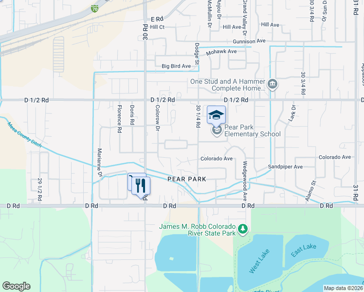 map of restaurants, bars, coffee shops, grocery stores, and more near 400 Elmwood Drive in Grand Junction
