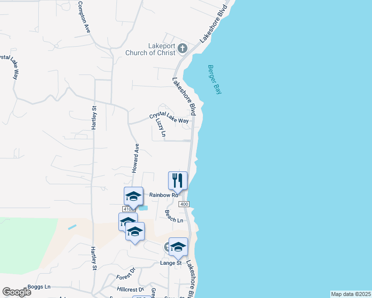 map of restaurants, bars, coffee shops, grocery stores, and more near 2756 Lakeshore Boulevard in Lakeport