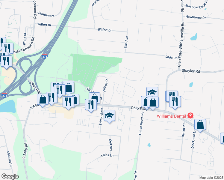 map of restaurants, bars, coffee shops, grocery stores, and more near 720 Ohio Pike in Cincinnati