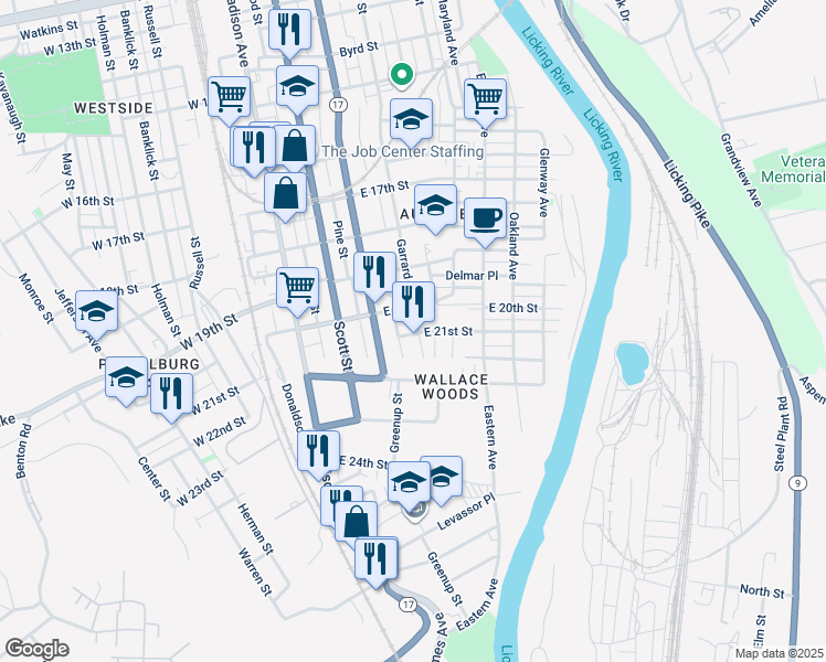 map of restaurants, bars, coffee shops, grocery stores, and more near 1928 Garrard Street in Covington