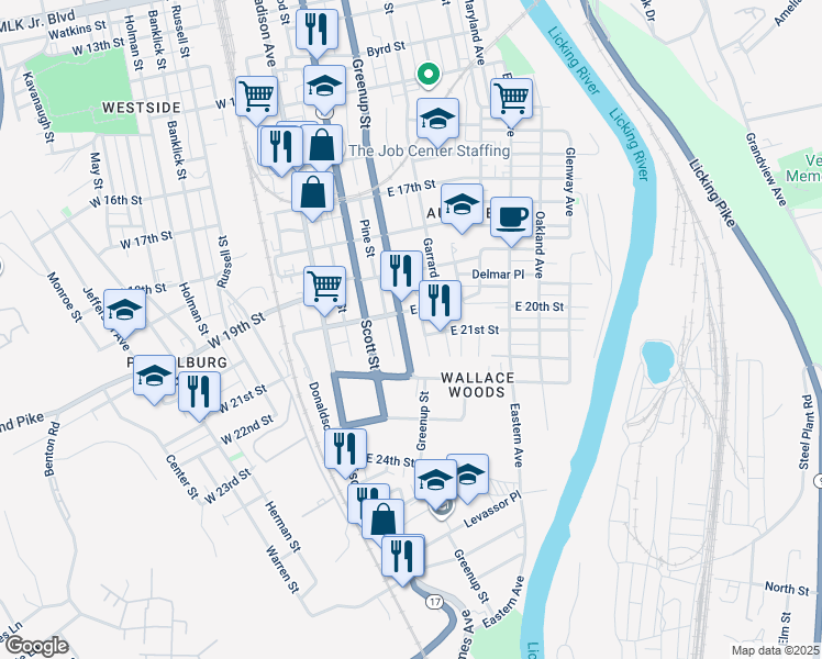 map of restaurants, bars, coffee shops, grocery stores, and more near 210 East 20th Street in Covington