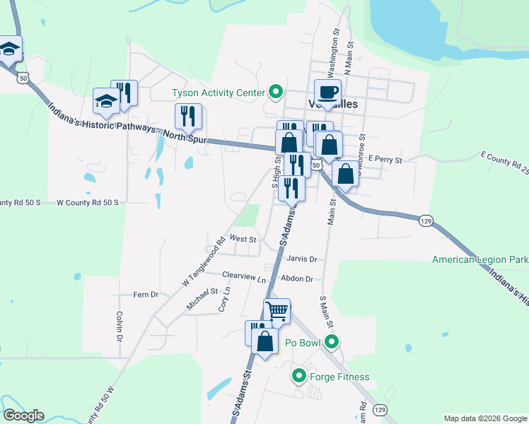 map of restaurants, bars, coffee shops, grocery stores, and more near 531 High Street in Versailles