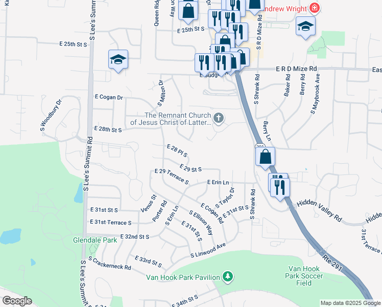map of restaurants, bars, coffee shops, grocery stores, and more near 2764 South Coachman Drive in Independence