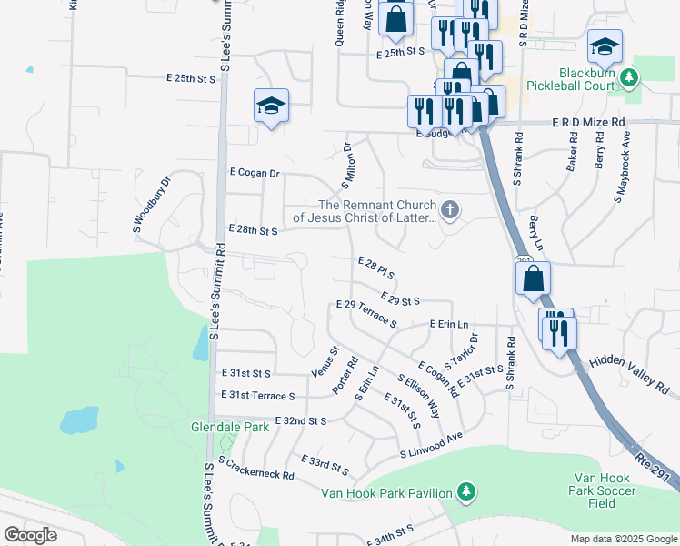 map of restaurants, bars, coffee shops, grocery stores, and more near 16423 East 28th Terrace Court in Independence