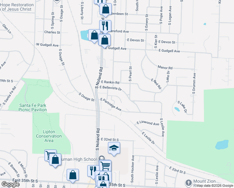 map of restaurants, bars, coffee shops, grocery stores, and more near 316 East Bellevista Drive in Independence