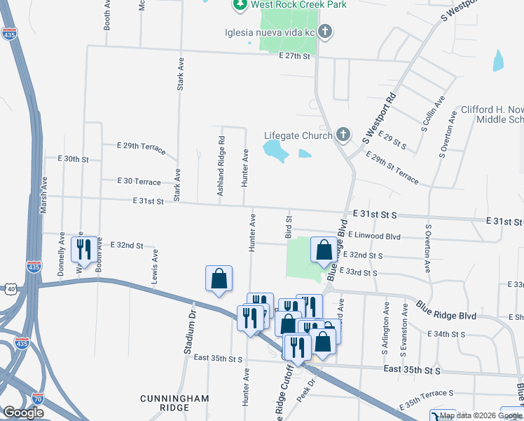 map of restaurants, bars, coffee shops, grocery stores, and more near 9004 East 31st Street in Kansas City