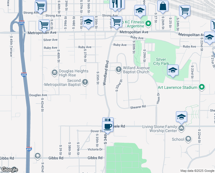map of restaurants, bars, coffee shops, grocery stores, and more near 1817 Woodland Boulevard in Kansas City