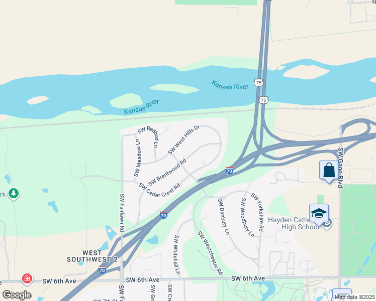 map of restaurants, bars, coffee shops, grocery stores, and more near 4909 Southwest West Hills Drive in Topeka