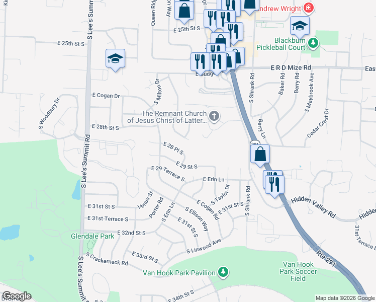 map of restaurants, bars, coffee shops, grocery stores, and more near 2764 South Coachman Drive in Independence