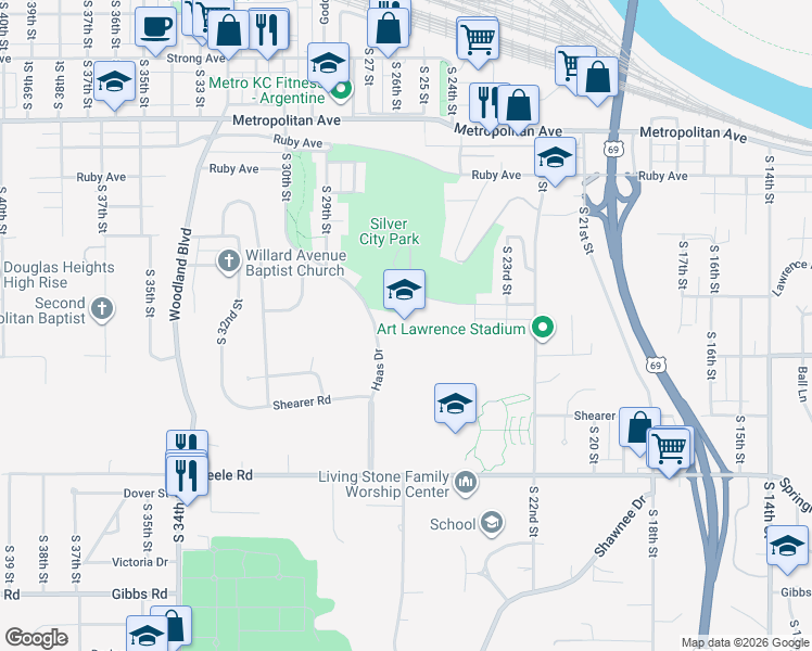 map of restaurants, bars, coffee shops, grocery stores, and more near 2515 Lawrence Avenue in Kansas City