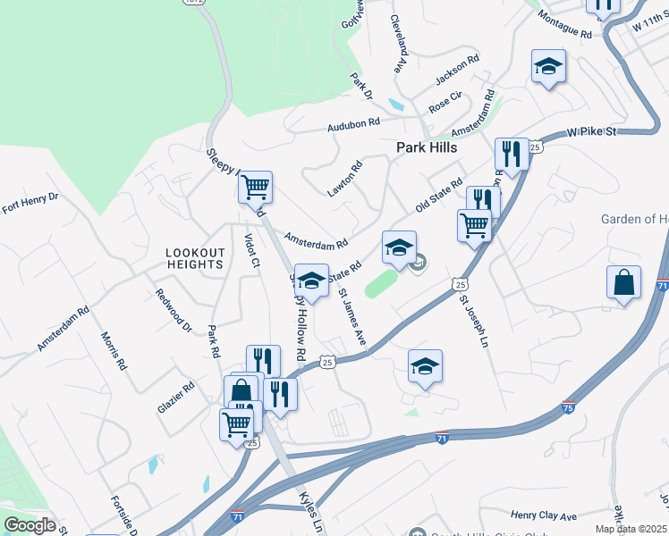 map of restaurants, bars, coffee shops, grocery stores, and more near 1412 Old State Road in Park Hills