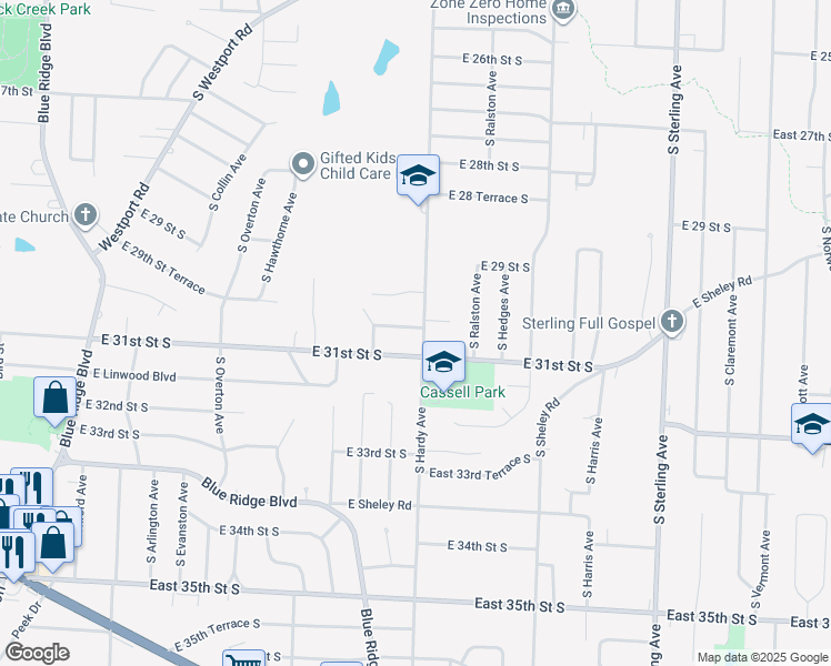 map of restaurants, bars, coffee shops, grocery stores, and more near 2924 South Hardy Avenue in Independence