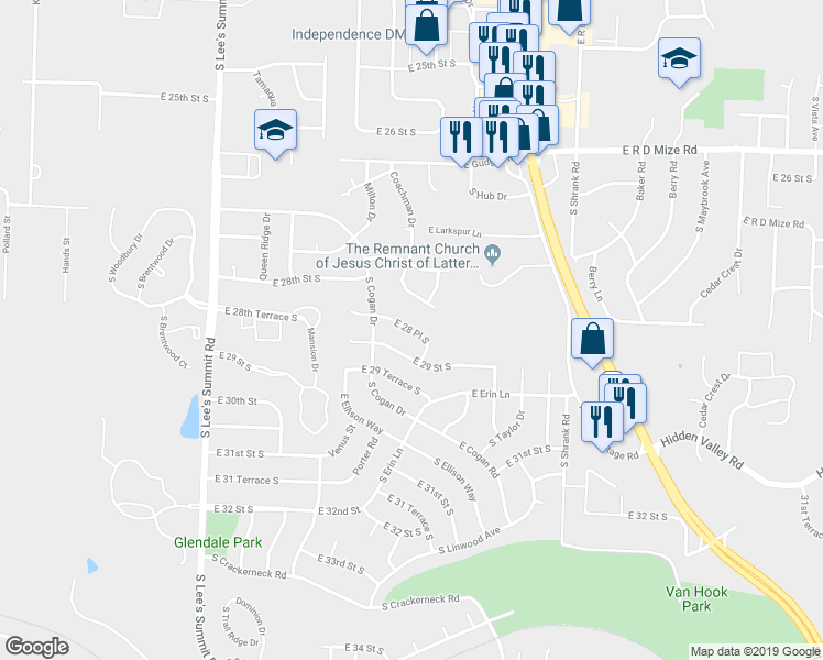 map of restaurants, bars, coffee shops, grocery stores, and more near East 28th Place in Independence