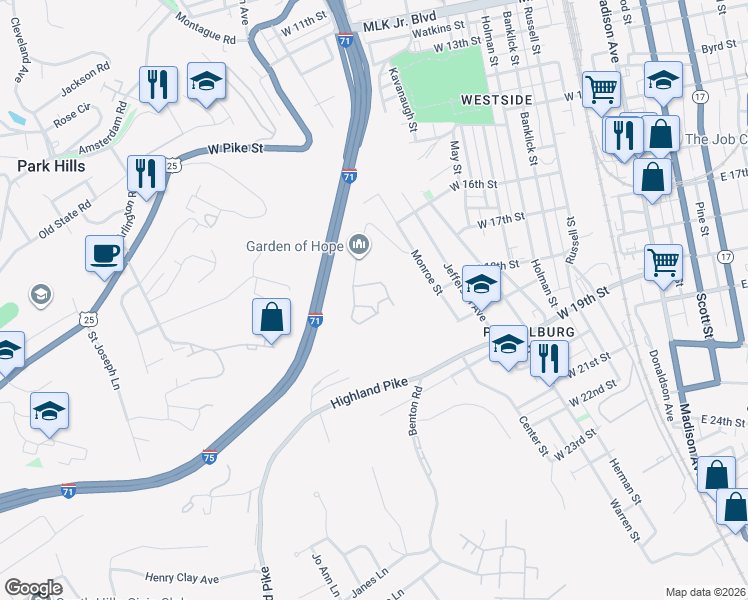 map of restaurants, bars, coffee shops, grocery stores, and more near 725 Edgecliff Street in Covington