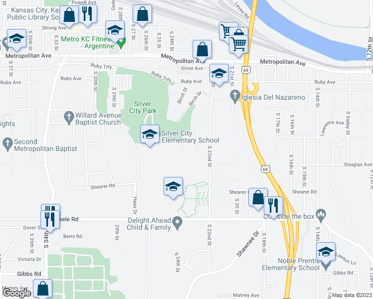 map of restaurants, bars, coffee shops, grocery stores, and more near 1809 South 24 Street in Kansas City