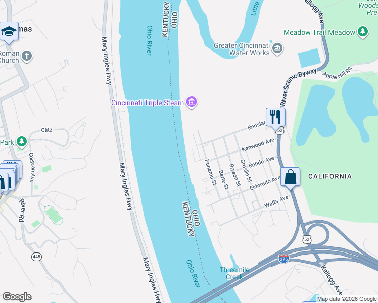 map of restaurants, bars, coffee shops, grocery stores, and more near 5761 Sanctuary Place in Cincinnati