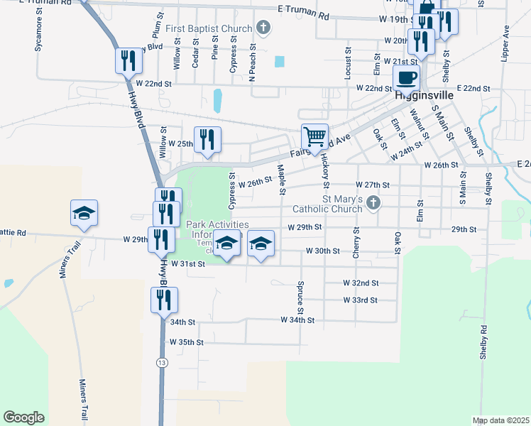 map of restaurants, bars, coffee shops, grocery stores, and more near 718 West Broadway Street in Higginsville