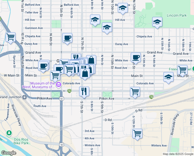 map of restaurants, bars, coffee shops, grocery stores, and more near 805 Main Street in Grand Junction