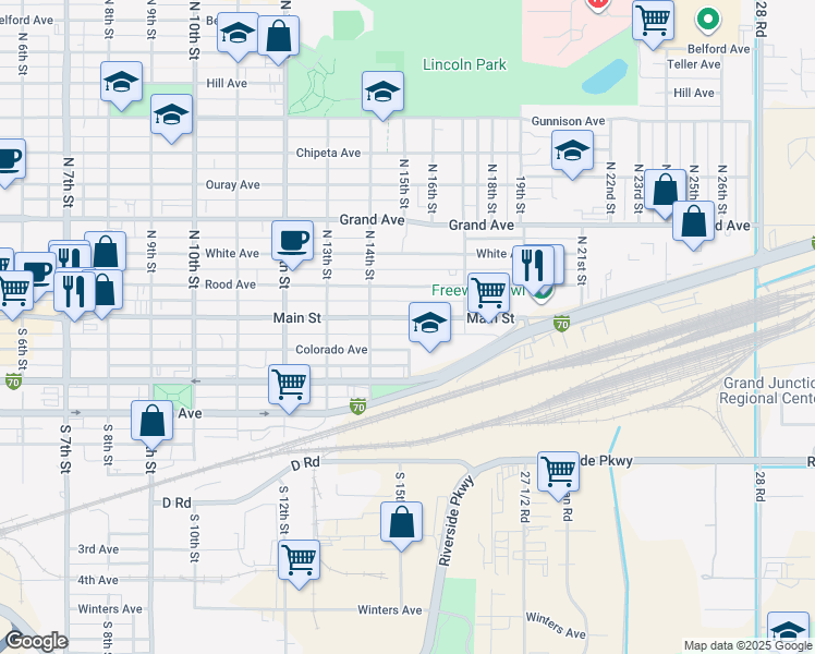 map of restaurants, bars, coffee shops, grocery stores, and more near 1508 Main Street in Grand Junction