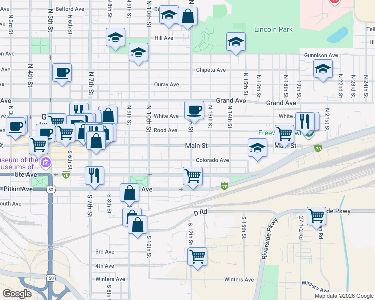 map of restaurants, bars, coffee shops, grocery stores, and more near 1208 Main Street in Grand Junction