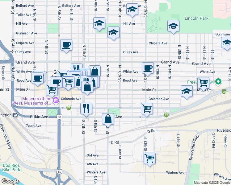map of restaurants, bars, coffee shops, grocery stores, and more near 946 Main Street in Grand Junction