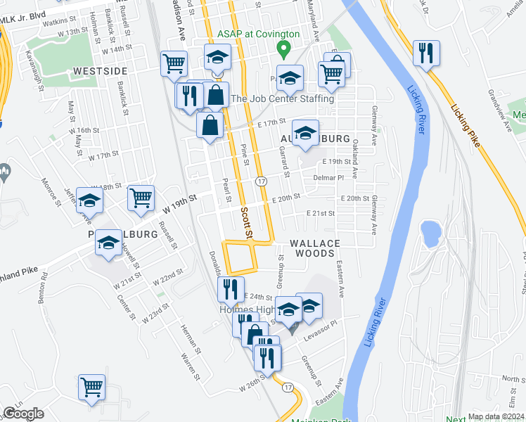 map of restaurants, bars, coffee shops, grocery stores, and more near 210 East 20th Street in Covington