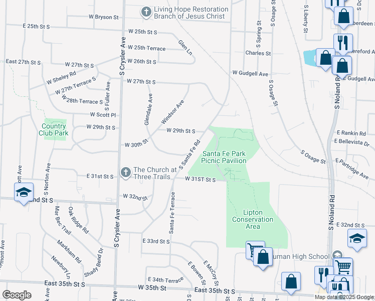 map of restaurants, bars, coffee shops, grocery stores, and more near 2910 South Santa Fe Road in Independence