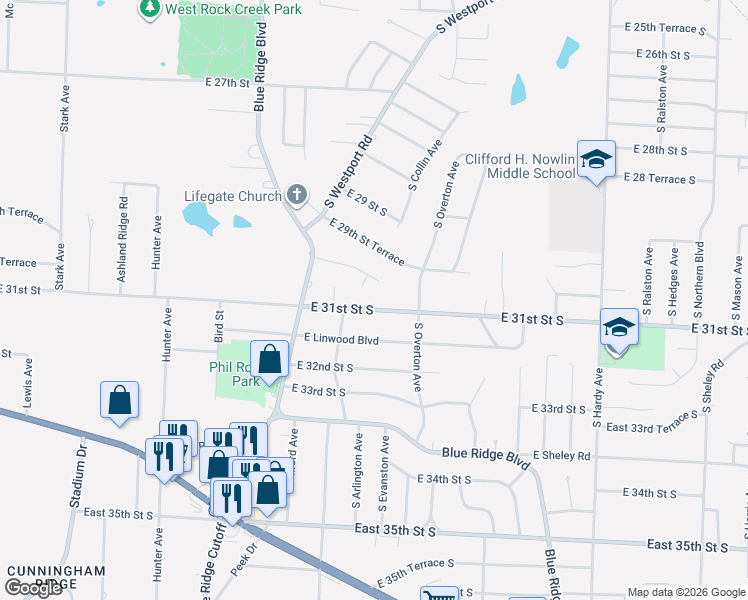 map of restaurants, bars, coffee shops, grocery stores, and more near 9509 East 30 Street South in Independence