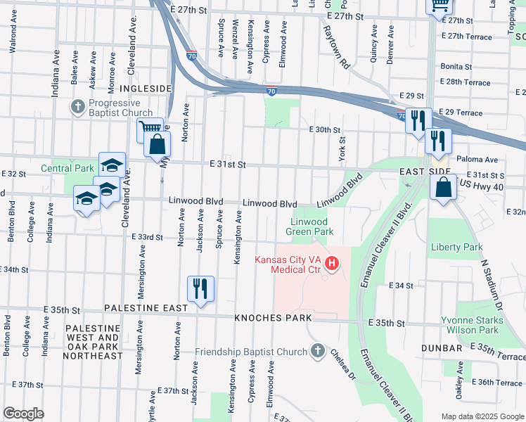 map of restaurants, bars, coffee shops, grocery stores, and more near 4417 Linwood Boulevard in Kansas City