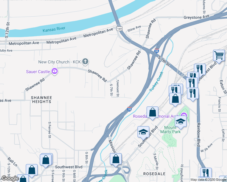 map of restaurants, bars, coffee shops, grocery stores, and more near 1866 Tremont Street in Kansas City