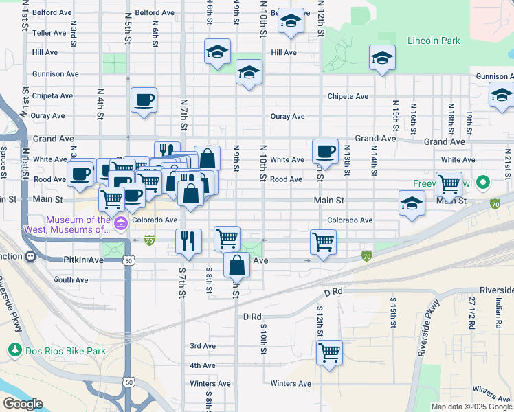 map of restaurants, bars, coffee shops, grocery stores, and more near 946 Main Street in Grand Junction